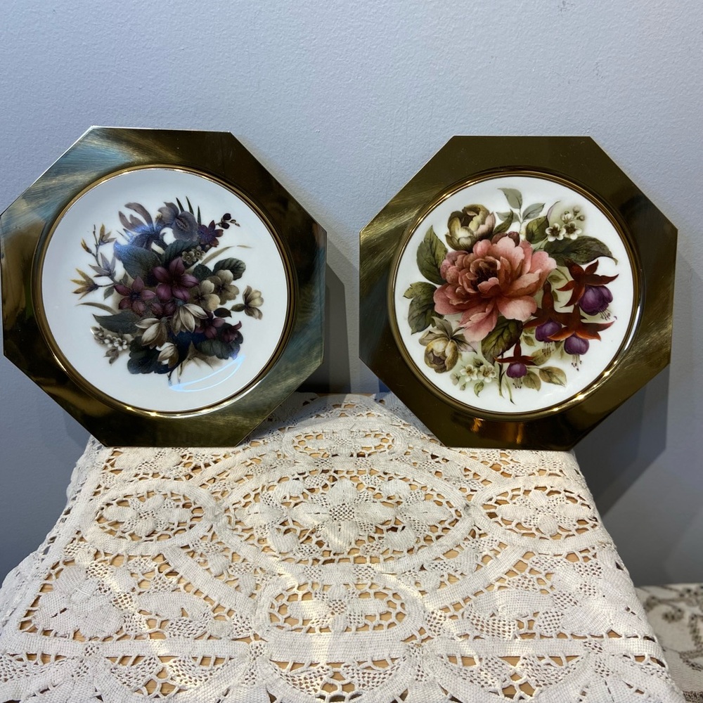 Pair of Brass Framed Porcelain Plates Purchased from Birks